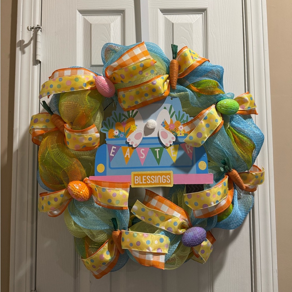 Colorful Easter Wreath with Bows and Eggs